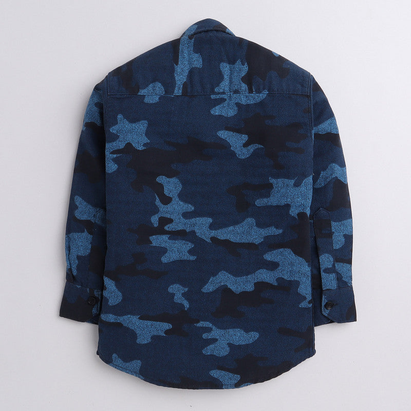 Polka Tots Full Sleeves Shirt Military Print Camouflage Patch - Blue