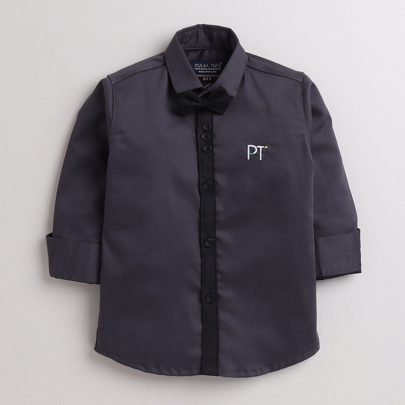 Polka Tots Full Sleeves Party Wear Reverse Collar Placket With Bow Tie Shirt - Grey - Laadlee