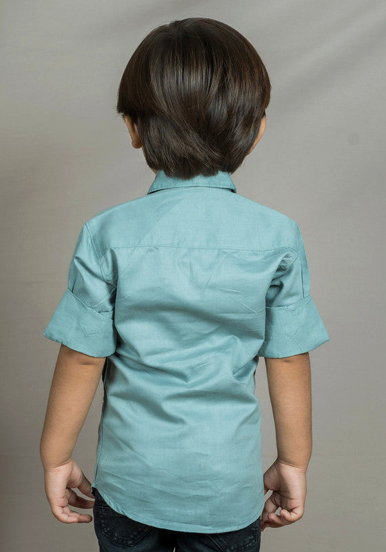 Polka Tots Full Sleeves Number Print Solid Shirt - Greyish Blue - Laadlee