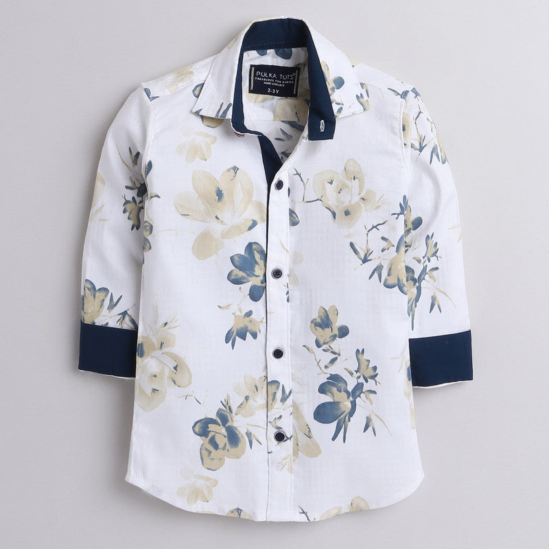 Polka Tots Full Sleeves Shirt Yellow Blue Floral Print - White - Laadlee