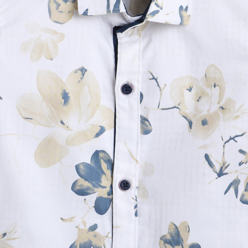 Polka Tots Full Sleeves Baby Shirt Yellow Blue Floral Print - White - Laadlee