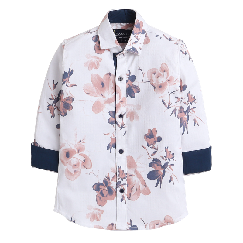Polka Tots Full Sleeves Shirt Rust Blue Floral Print - White