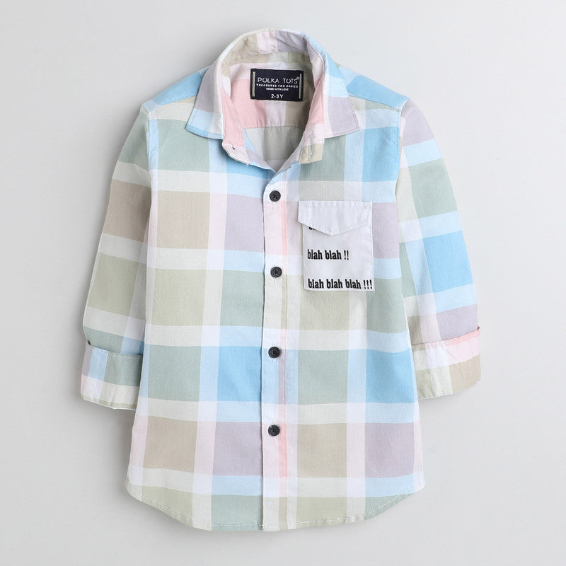 Polka Tots Full Sleeves Big Check Shirt With Blah Blah Pocket Print - Cream and Green - Laadlee