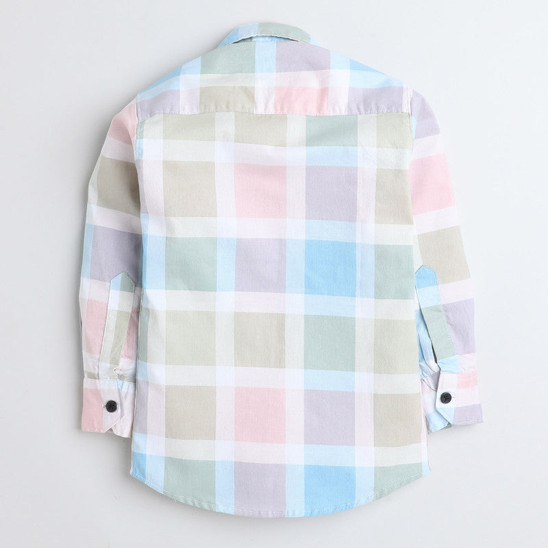 Polka Tots Full Sleeves Big Check Baby Shirt With Blah Blah Pocket Print - Cream and Green - Laadlee