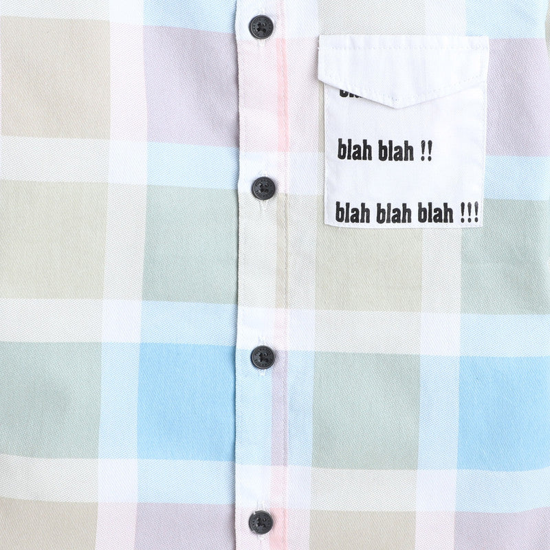Polka Tots Full Sleeves Big Check Baby Shirt With Blah Blah Pocket Print - Cream and Green - Laadlee