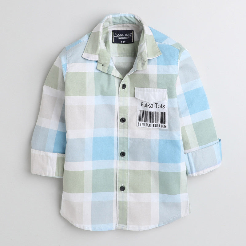 Polka Tots Full Sleeves Big Check Shirt With Polka Tots Pocket Print - Cream and Green - Laadlee