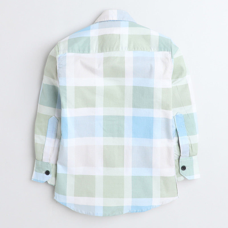 Polka Tots Full Sleeves Big Check Shirt With Polka Tots Pocket Print - Cream and Green - Laadlee