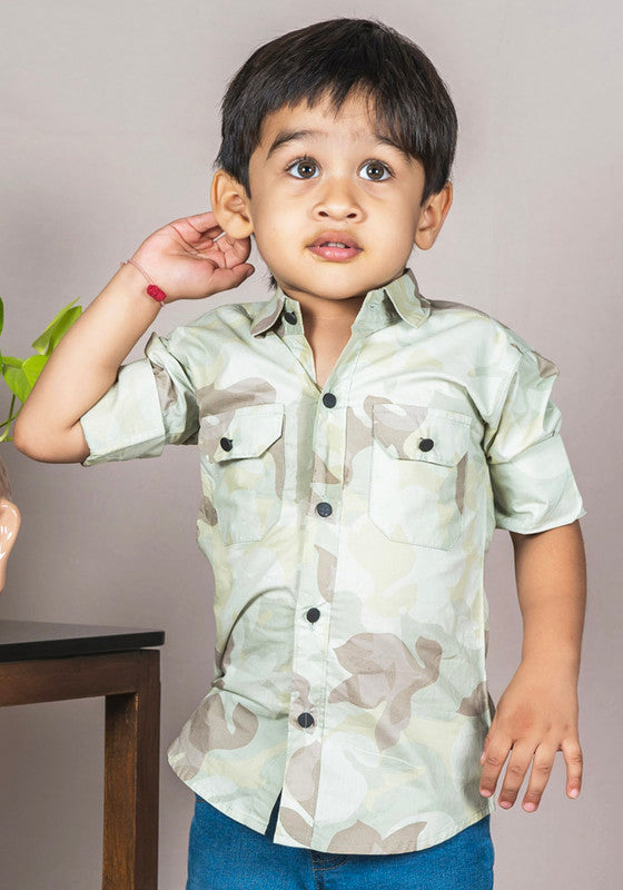 Polka Tots Full Sleeves Camouflage Baby Shirt - Green - Laadlee