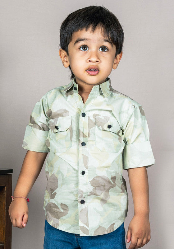 Polka Tots Full Sleeves Camouflage Baby Shirt - Green