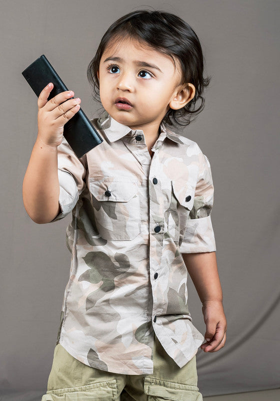 Polka Tots Full Sleeves Camouflage Baby Shirt - Grey and Pink - Laadlee