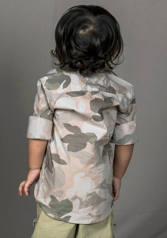 Polka Tots Full Sleeves Camouflage Shirt - Grey and Pink - Laadlee