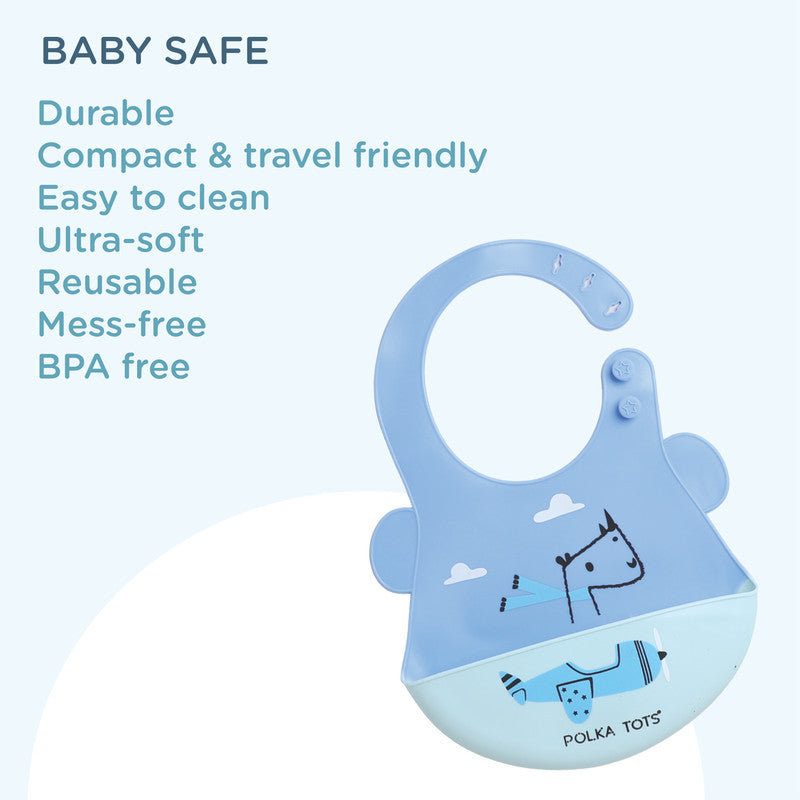 Polka Tots Waterproof Silicone Bibs with Pocket and Adjustable Snaps - Airoplane - Laadlee