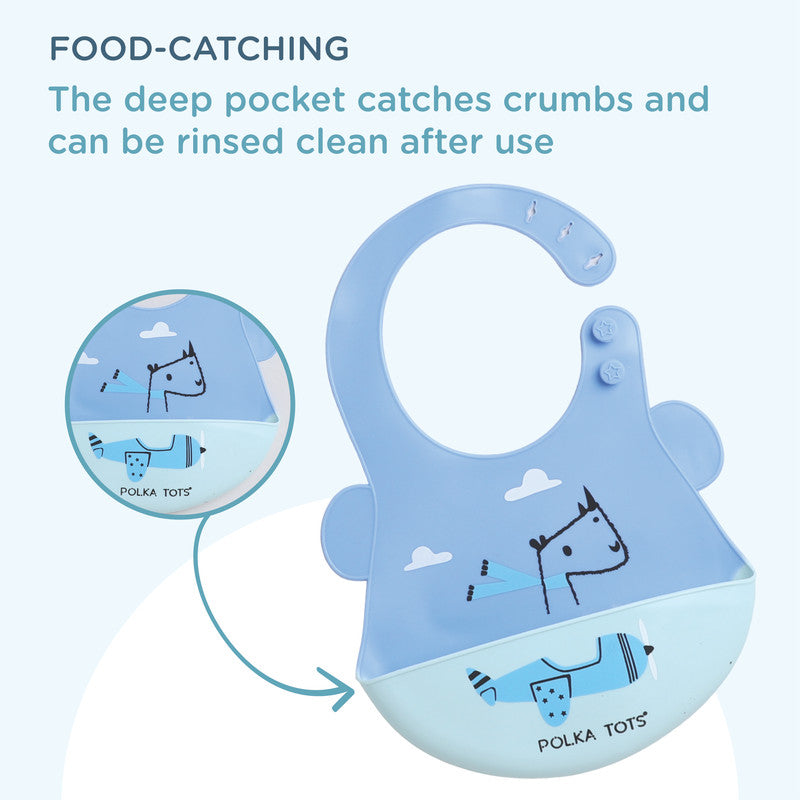 Polka Tots Waterproof Silicone Bibs with Pocket and Adjustable Snaps - Airoplane - Laadlee