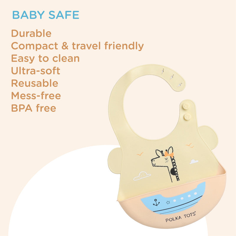 Polka Tots Waterproof Silicone Bibs with Pocket and Adjustable Snaps - Boat - Laadlee