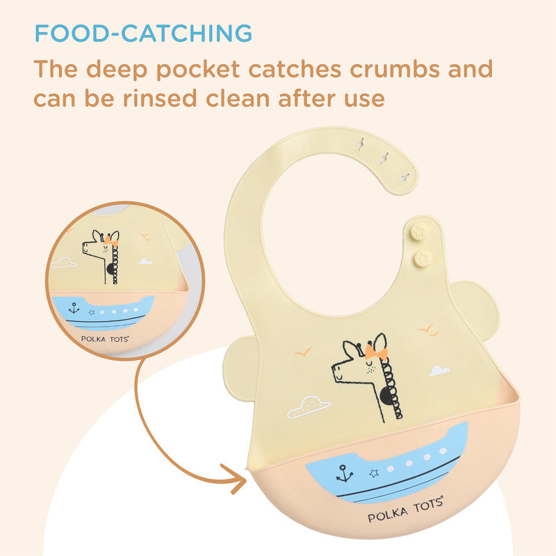 Polka Tots Waterproof Silicone Bibs with Pocket and Adjustable Snaps - Boat - Laadlee