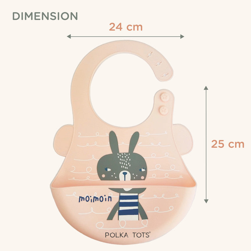Polka Tots Waterproof Silicone Bibs with Pocket and Adjustable Snaps - Bunny - Laadlee