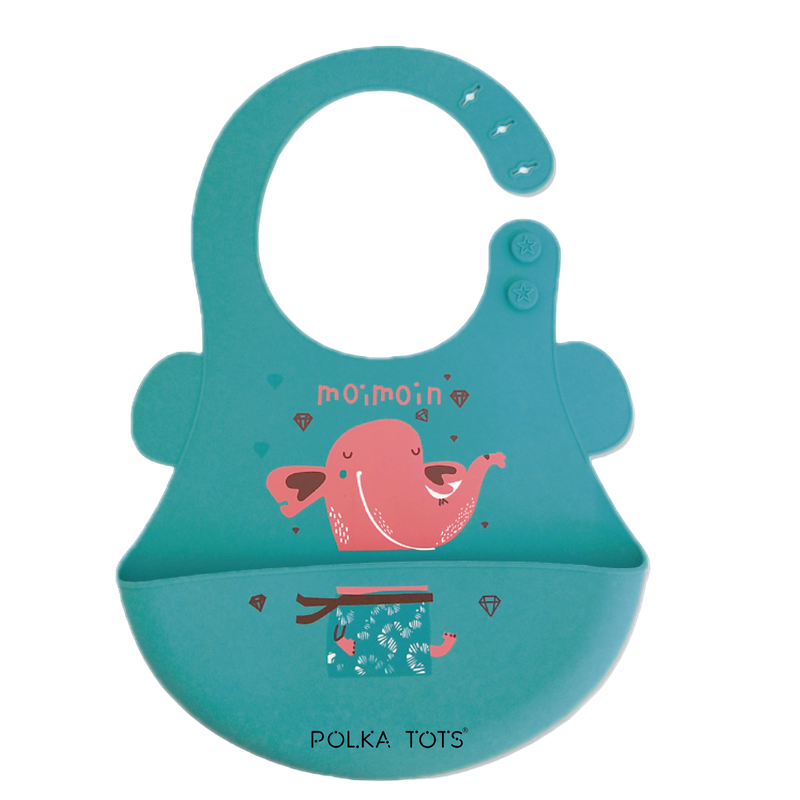 Polka Tots Waterproof Silicone Bibs with Pocket and Adjustable Snaps - Elephant