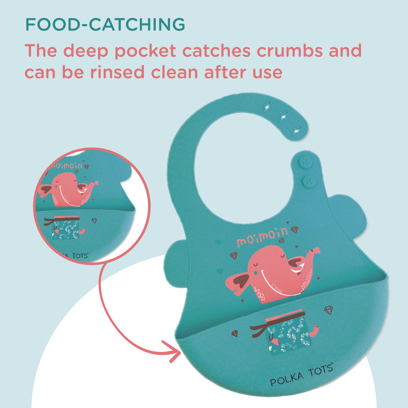 Polka Tots Waterproof Silicone Bibs with Pocket and Adjustable Snaps - Elephant - Laadlee