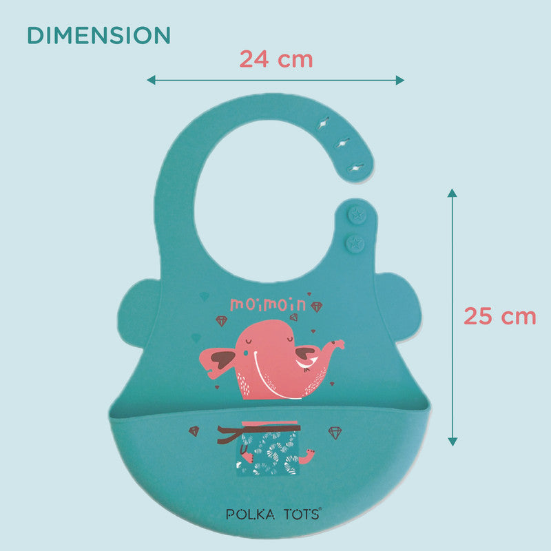 Polka Tots Waterproof Silicone Bibs with Pocket and Adjustable Snaps - Elephant - Laadlee