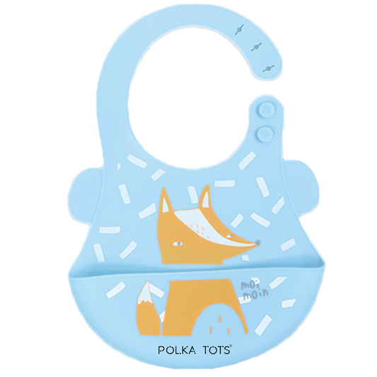 Polka Tots Waterproof Silicone Bibs with Pocket and Adjustable Snaps Fox - Sky Blue