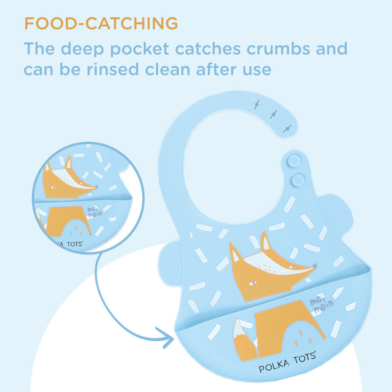 Polka Tots Waterproof Silicone Bibs with Pocket and Adjustable Snaps Fox - Sky Blue - Laadlee