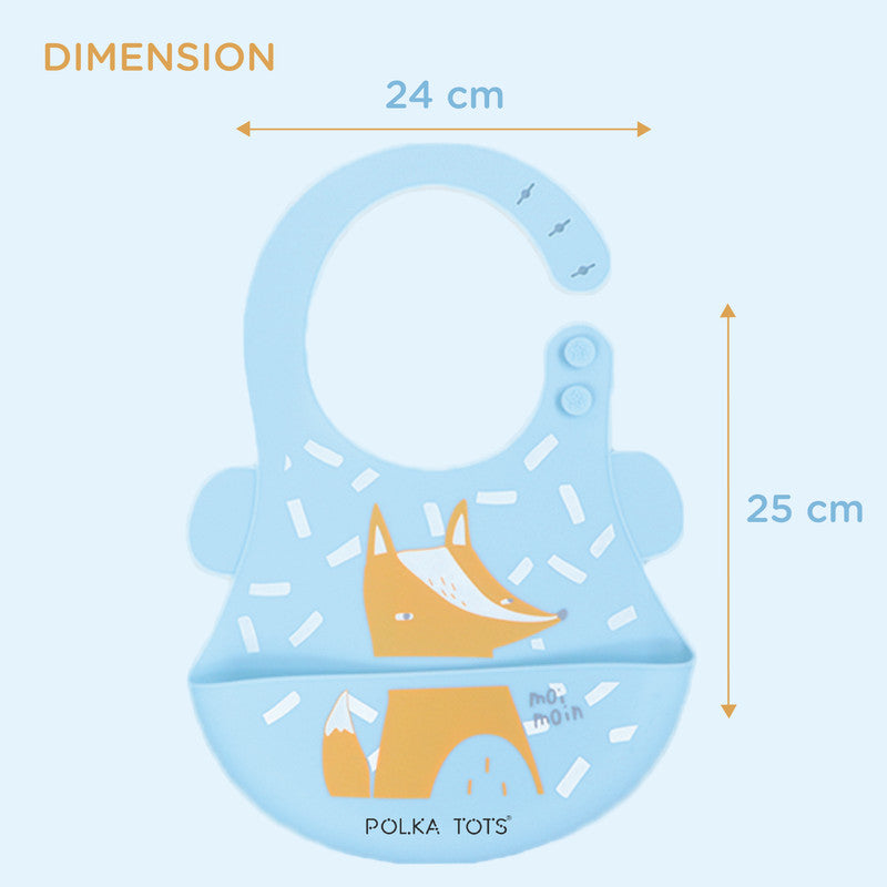 Polka Tots Waterproof Silicone Bibs with Pocket and Adjustable Snaps Fox - Sky Blue - Laadlee