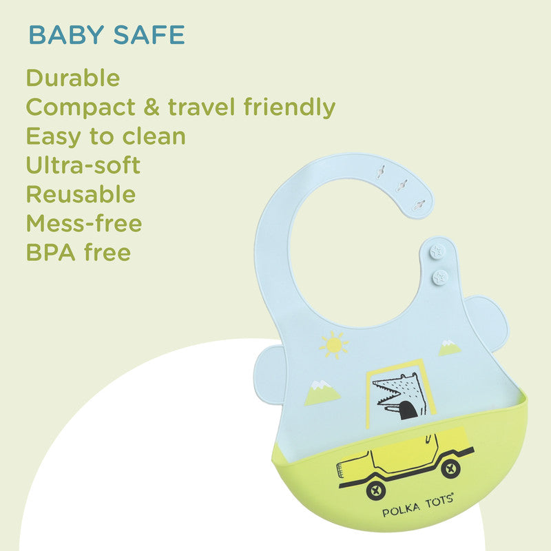 Polka Tots Waterproof Silicone Bibs with Pocket and Adjustable Snaps - Car - Laadlee