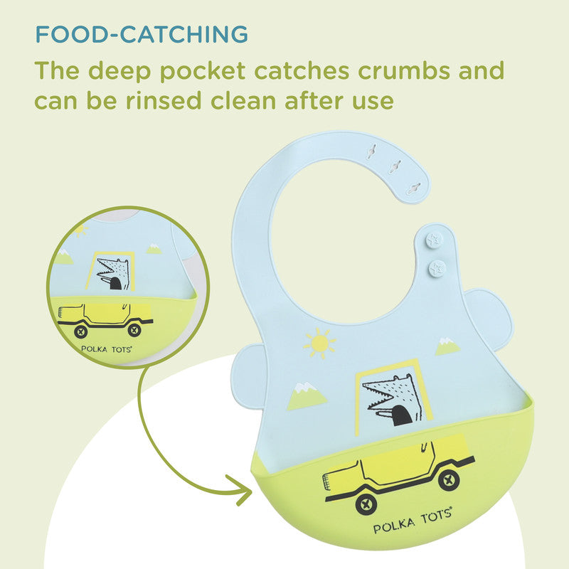 Polka Tots Waterproof Silicone Bibs with Pocket and Adjustable Snaps - Car - Laadlee