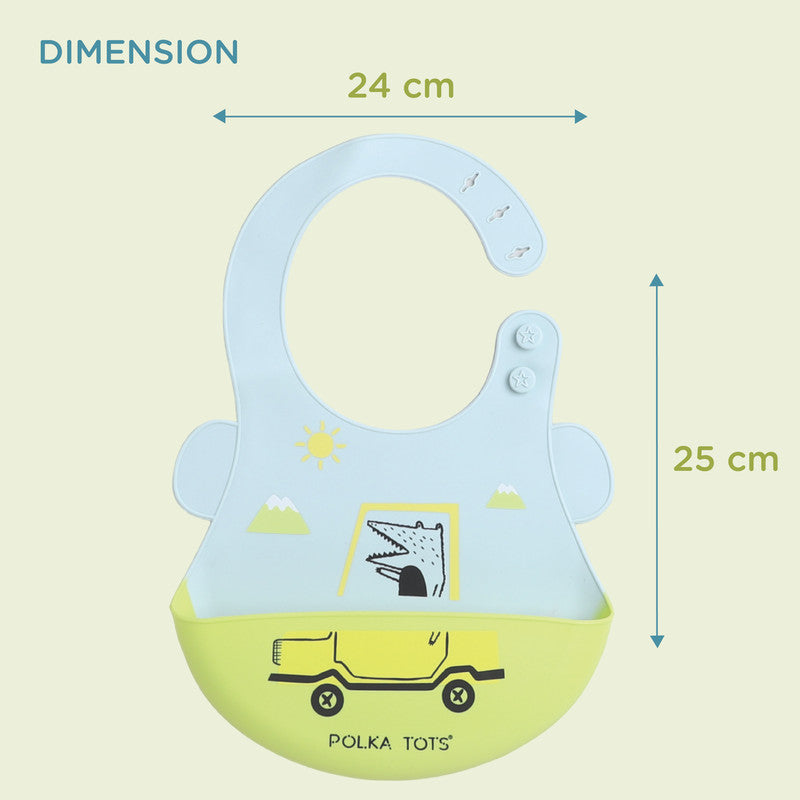 Polka Tots Waterproof Silicone Bibs with Pocket and Adjustable Snaps - Car - Laadlee