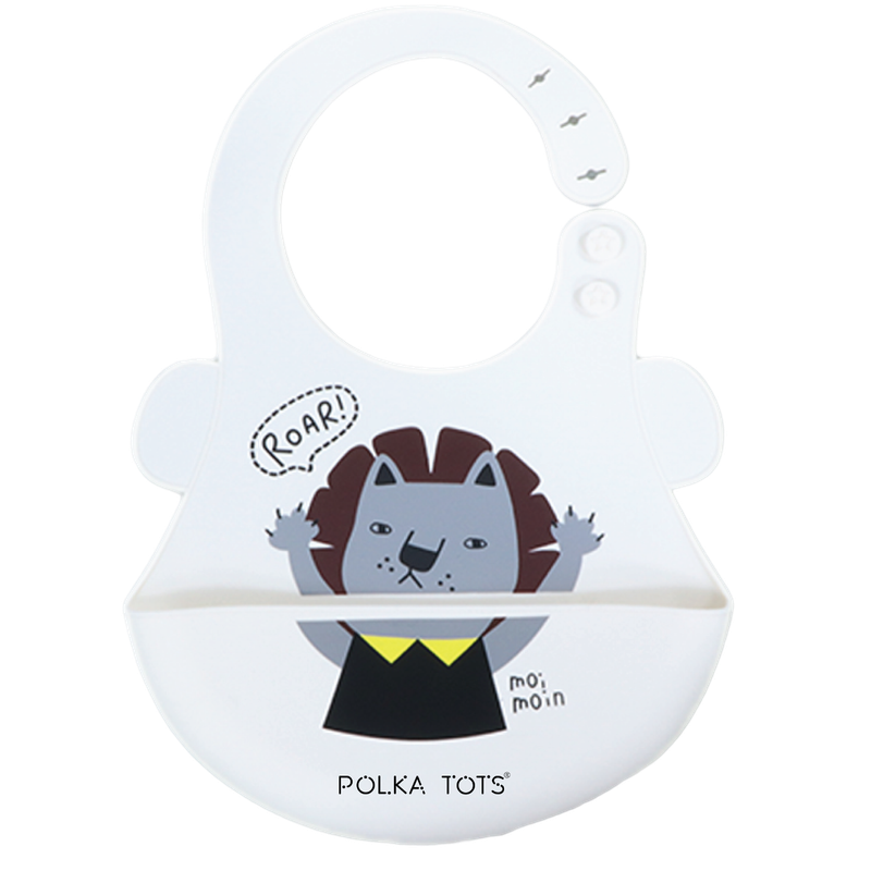 Polka Tots Waterproof Silicone Bibs with Pocket and Adjustable Snaps - Lion - Laadlee