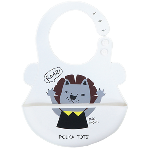 Polka Tots Waterproof Silicone Bibs with Pocket and Adjustable Snaps - Lion