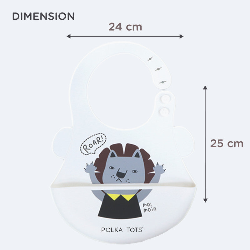 Polka Tots Waterproof Silicone Bibs with Pocket and Adjustable Snaps - Lion - Laadlee