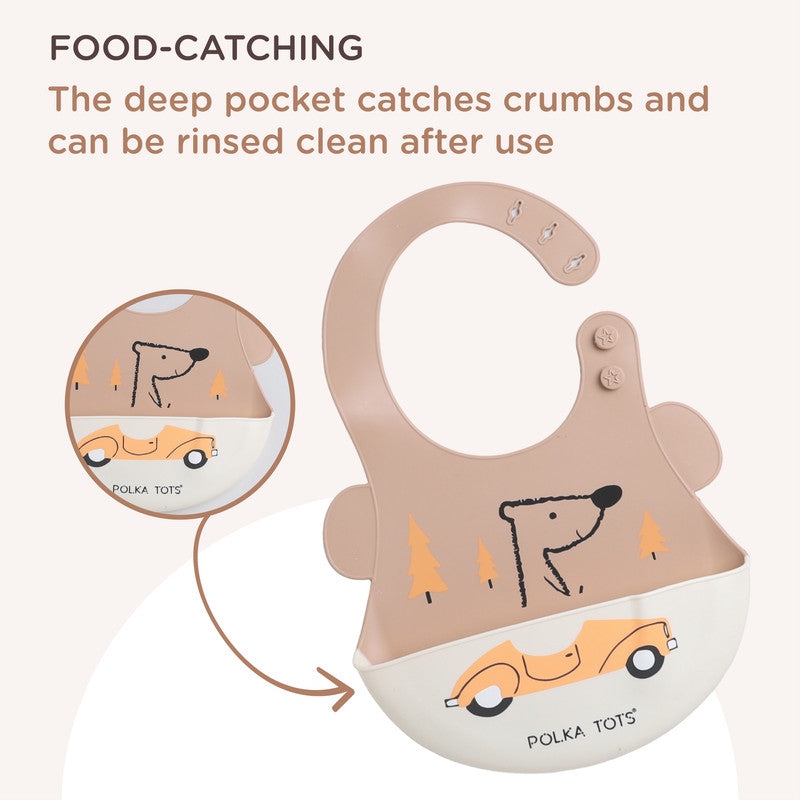 Polka Tots Waterproof Silicone Bibs with Pocket and Adjustable Snaps Car - Light Brown - Laadlee