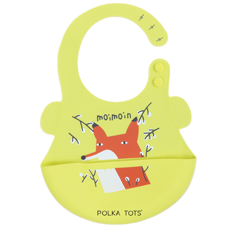 Polka Tots Waterproof Silicone Bibs with Pocket and Adjustable Snaps - Fox