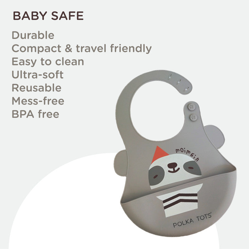 Polka Tots Waterproof Silicone Bibs with Pocket and Adjustable Snaps - Sloth - Laadlee