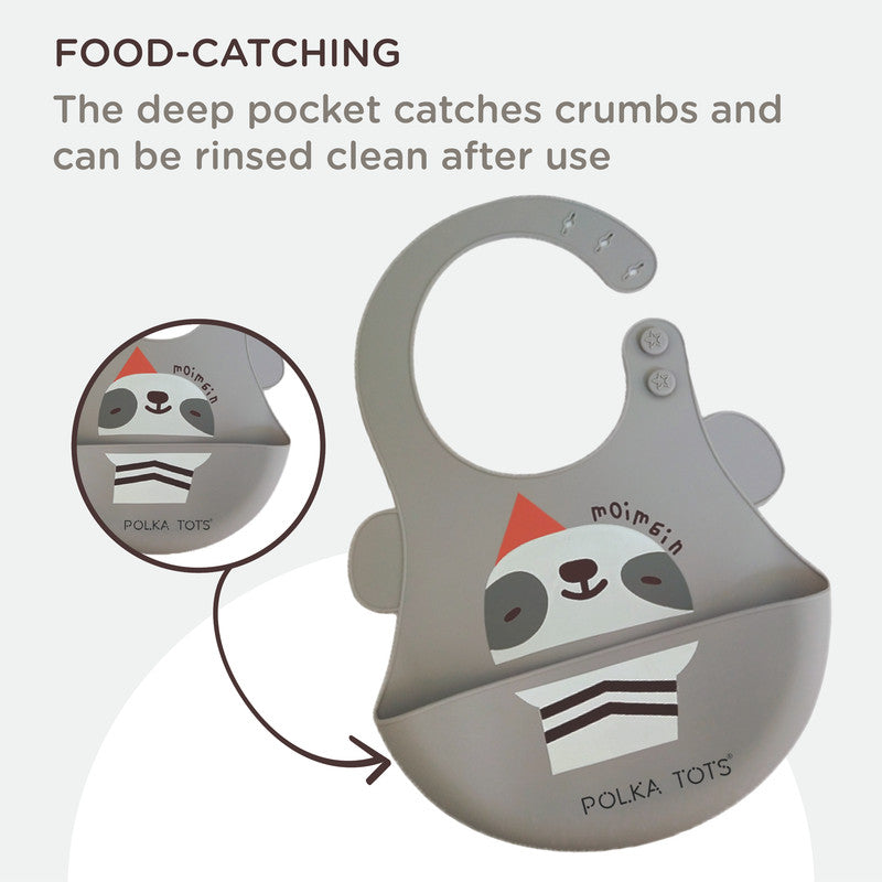 Polka Tots Waterproof Silicone Bibs with Pocket and Adjustable Snaps - Sloth - Laadlee