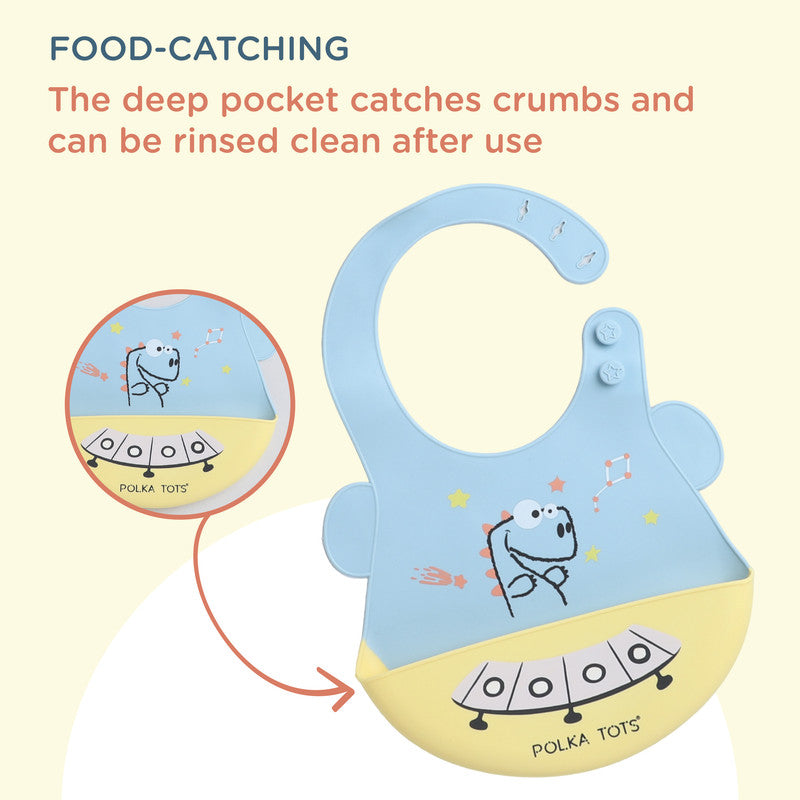 Polka Tots Waterproof Silicone Bibs with Pocket and Adjustable Snaps - Spaceship - Laadlee