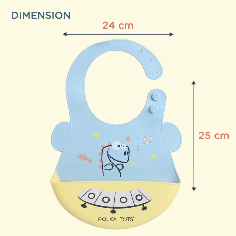 Polka Tots Waterproof Silicone Bibs with Pocket and Adjustable Snaps - Spaceship - Laadlee