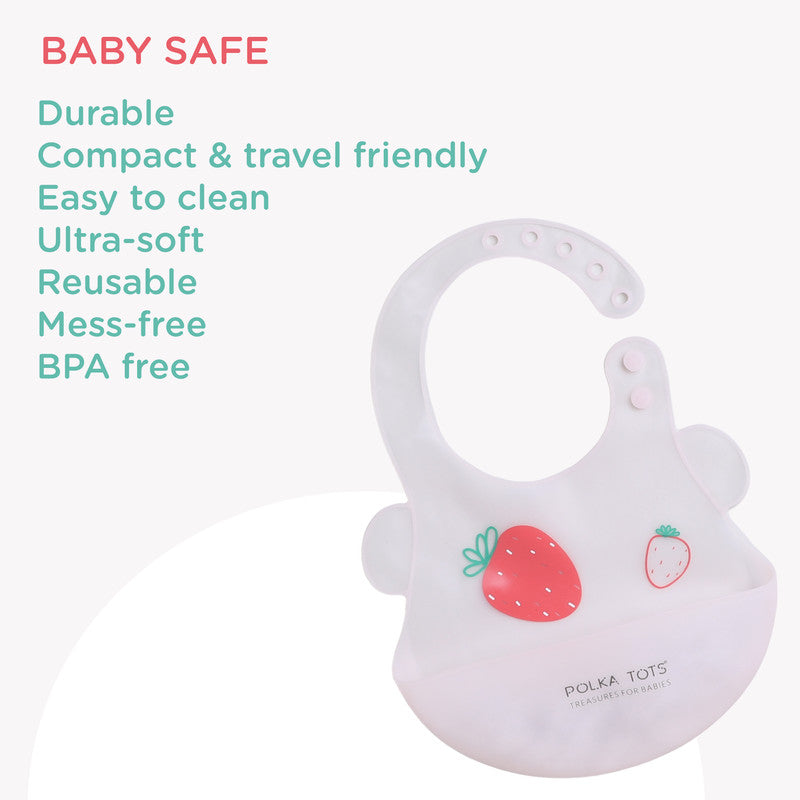 Polka Tots Waterproof Silicone Bibs with Pocket and Adjustable Snaps - Strawberry - Laadlee