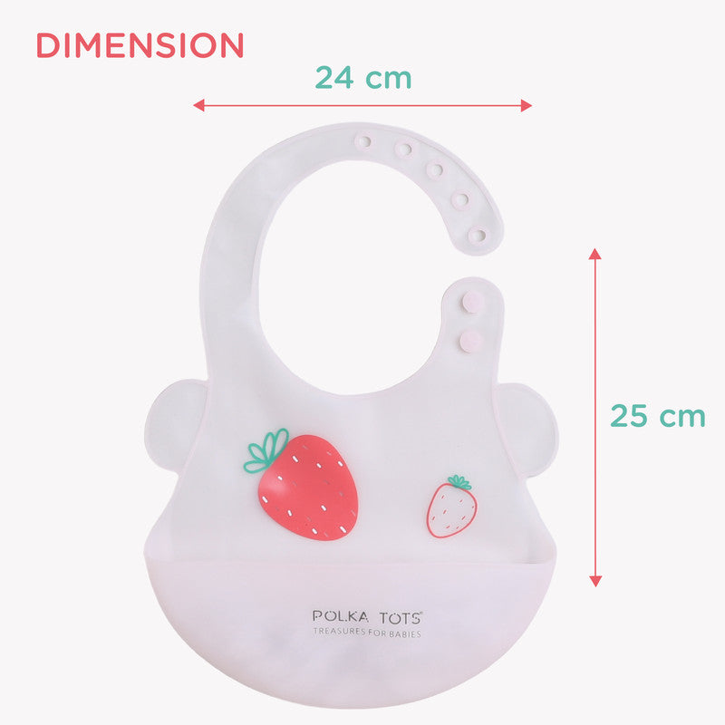 Polka Tots Waterproof Silicone Bibs with Pocket and Adjustable Snaps - Strawberry