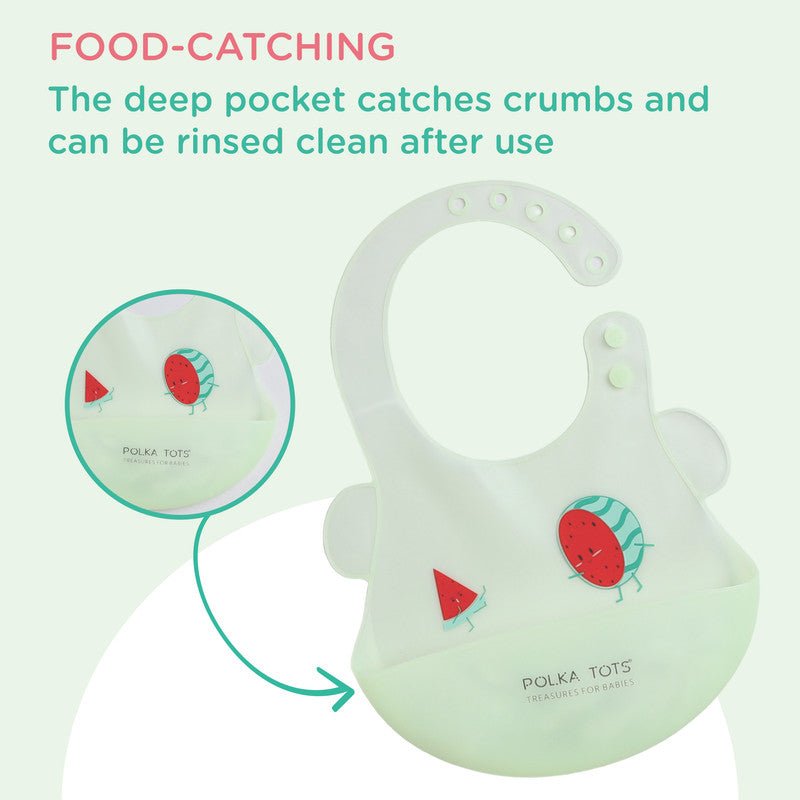 Polka Tots Waterproof Silicone Bibs with Pocket and Adjustable Snaps - Watermelon - Laadlee