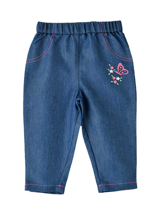 Jelliene Girls Denim Butterfly Embroidered Pants