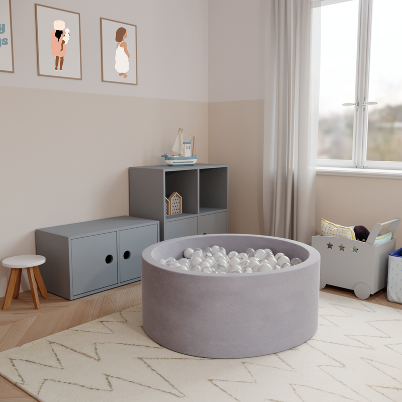 Ezzro Round Ball Pit Velvet Grey Melange With 200 Balls - White, Light Grey, Golden - Laadlee
