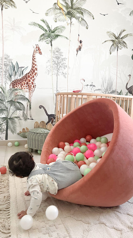 Ezzro Round Ball Pit Velvet Marsala With 100 Balls - White, Light Grey, Golden - Laadlee