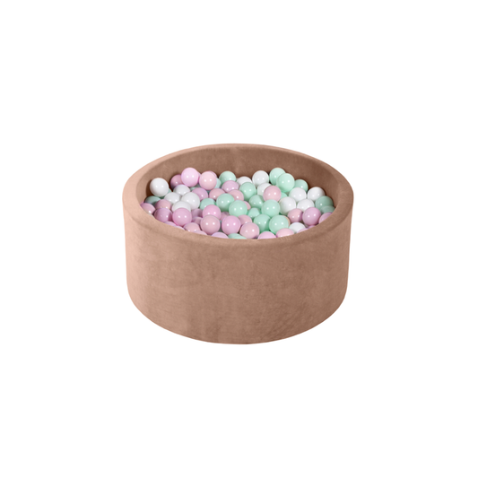 Ezzro Round Ball Pit Velvet Mocha With 100 Balls - White, Baby Pink, Lavender, Lime