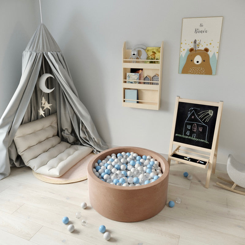 Ezzro Round Ball Pit Velvet Mocha With 100 Balls - White, Transparent, Light Grey, Baby Blue - Laadlee