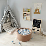 Ezzro Round Ball Pit Velvet Mocha With 100 Balls - White, Transparent, Light Grey, Baby Blue - Laadlee
