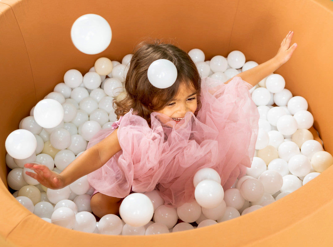 Ezzro Round Ball Pit Saddle Brown With 100 Balls - Pearl, White, Baby Blue, Golden - Laadlee