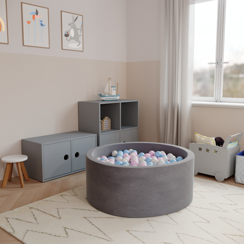 Ezzro Round Ball Pit Velvet Silver With 100 Balls - White, Baby Blue, Baby Pink, Pearl - Laadlee