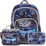 Eazy Kids Car Racing 18Inch Backpack With Lunch Bag and Pencil Case (Set of 3)